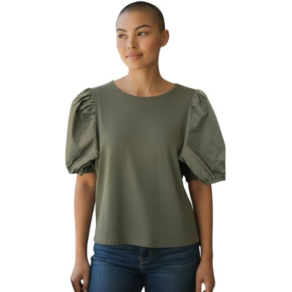 Banana Republic Puff Sleeve Crew Neck Tee Olive Green Size S EUC ✨ - Picture 2 of 8